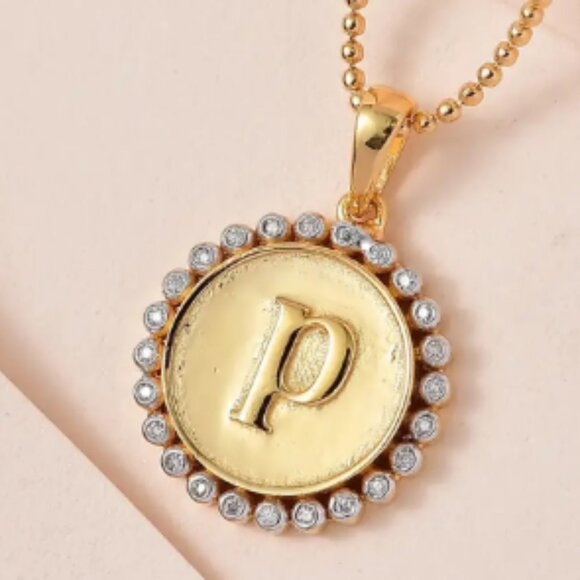 Moissanite Medallion Coin Initial P Pendant Necklace - Picture 2 of 4